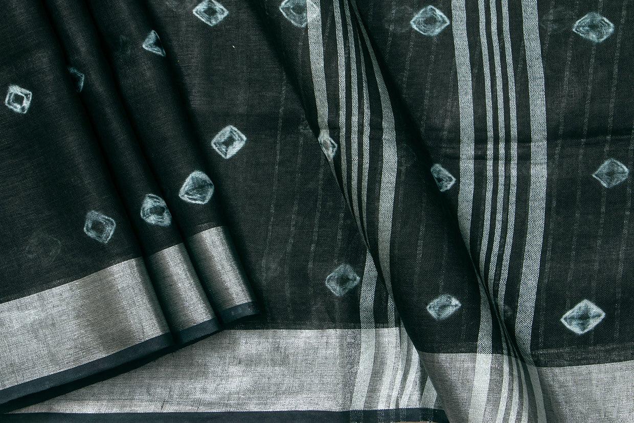 Shibori Black Pure Linen Saree Handwoven PL 2058 - Linen Sari - Panjavarnam PL 2058