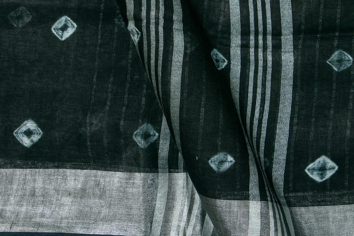 Shibori Black Pure Linen Saree Handwoven PL 2058 - Linen Sari - Panjavarnam PL 2058