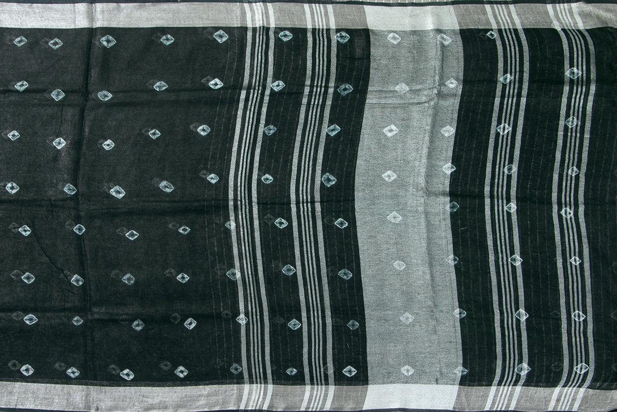 Shibori Black Pure Linen Saree Handwoven PL 2058 - Linen Sari - Panjavarnam PL 2058