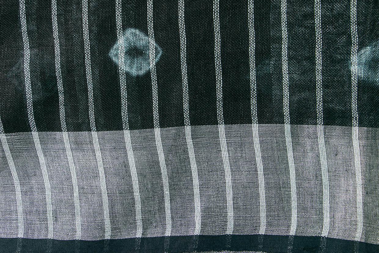 Shibori Black Pure Linen Saree Handwoven PL 2058 - Linen Sari - Panjavarnam PL 2058