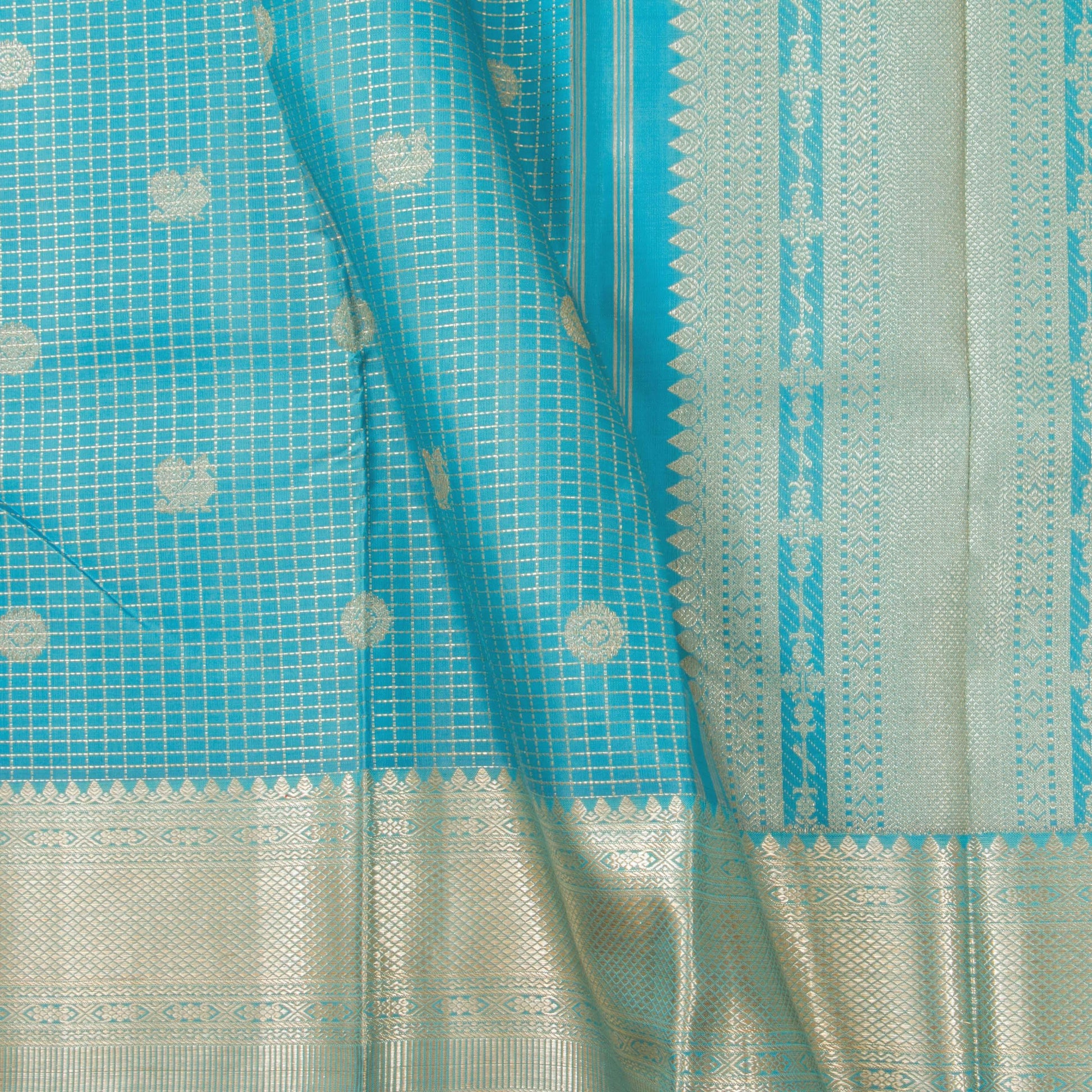 Sky Blue Kanjivaram Silk Saree With Zari Checks For Bridal Wear PV NYC 1255 - Silk Sari - Panjavarnam PV NYC 1255