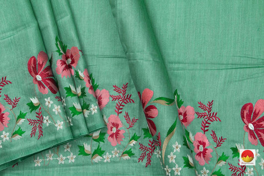 Teal Green Pure Tussar Silk Saree With Embroidery Border Handwoven For Office Wear PT 759 - Tussar Silk - Panjavarnam