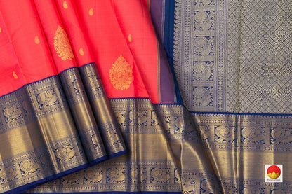 Tomato Red And Blue Kanchipuram Silk Saree Handwoven Pure Silk For Wedding Wear PV NYC 1043 - Silk Sari - Panjavarnam