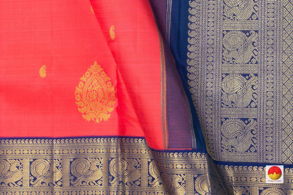 Tomato Red And Blue Kanchipuram Silk Saree Handwoven Pure Silk For Wedding Wear PV NYC 1043 - Silk Sari - Panjavarnam PV NYC 1043