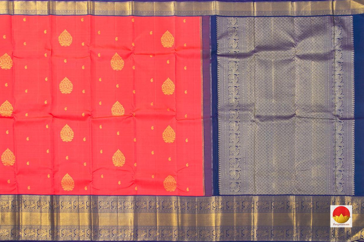 Tomato Red And Blue Kanchipuram Silk Saree Handwoven Pure Silk For Wedding Wear PV NYC 1043 - Silk Sari - Panjavarnam PV NYC 1043