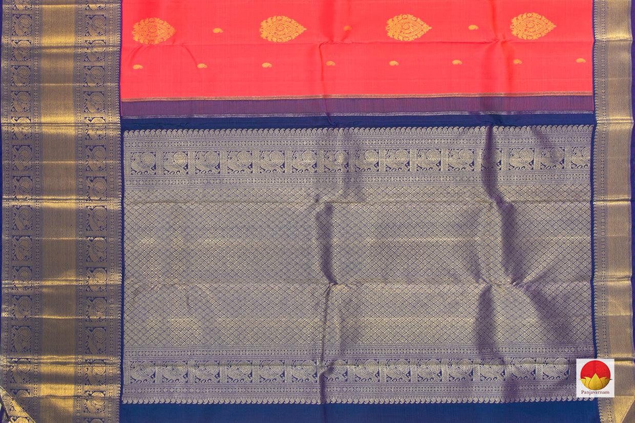 Tomato Red And Blue Kanchipuram Silk Saree Handwoven Pure Silk For Wedding Wear PV NYC 1043 - Silk Sari - Panjavarnam PV NYC 1043