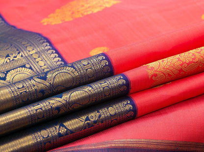 Tomato Red And Blue Kanchipuram Silk Saree Handwoven Pure Silk For Wedding Wear PV NYC 1043 - Silk Sari - Panjavarnam PV NYC 1043