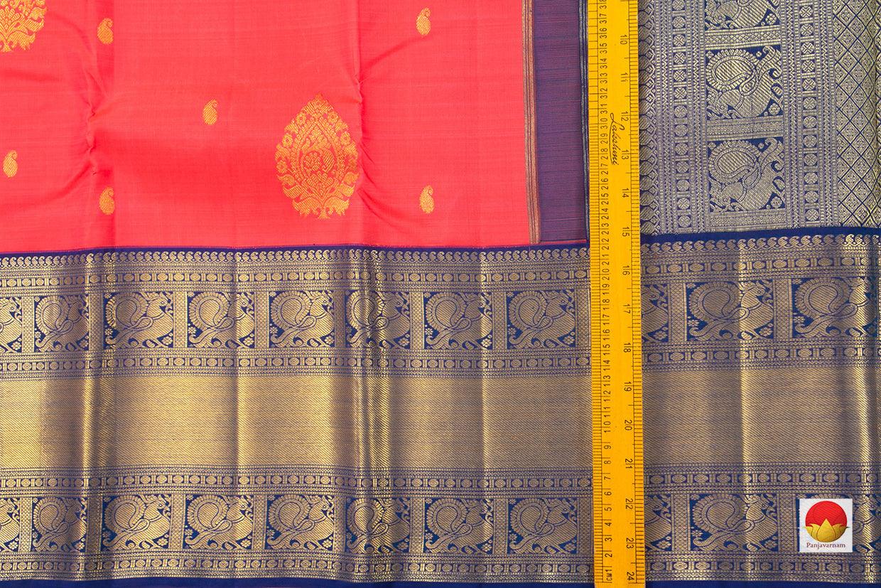 Tomato Red And Blue Kanchipuram Silk Saree Handwoven Pure Silk For Wedding Wear PV NYC 1043 - Silk Sari - Panjavarnam PV NYC 1043