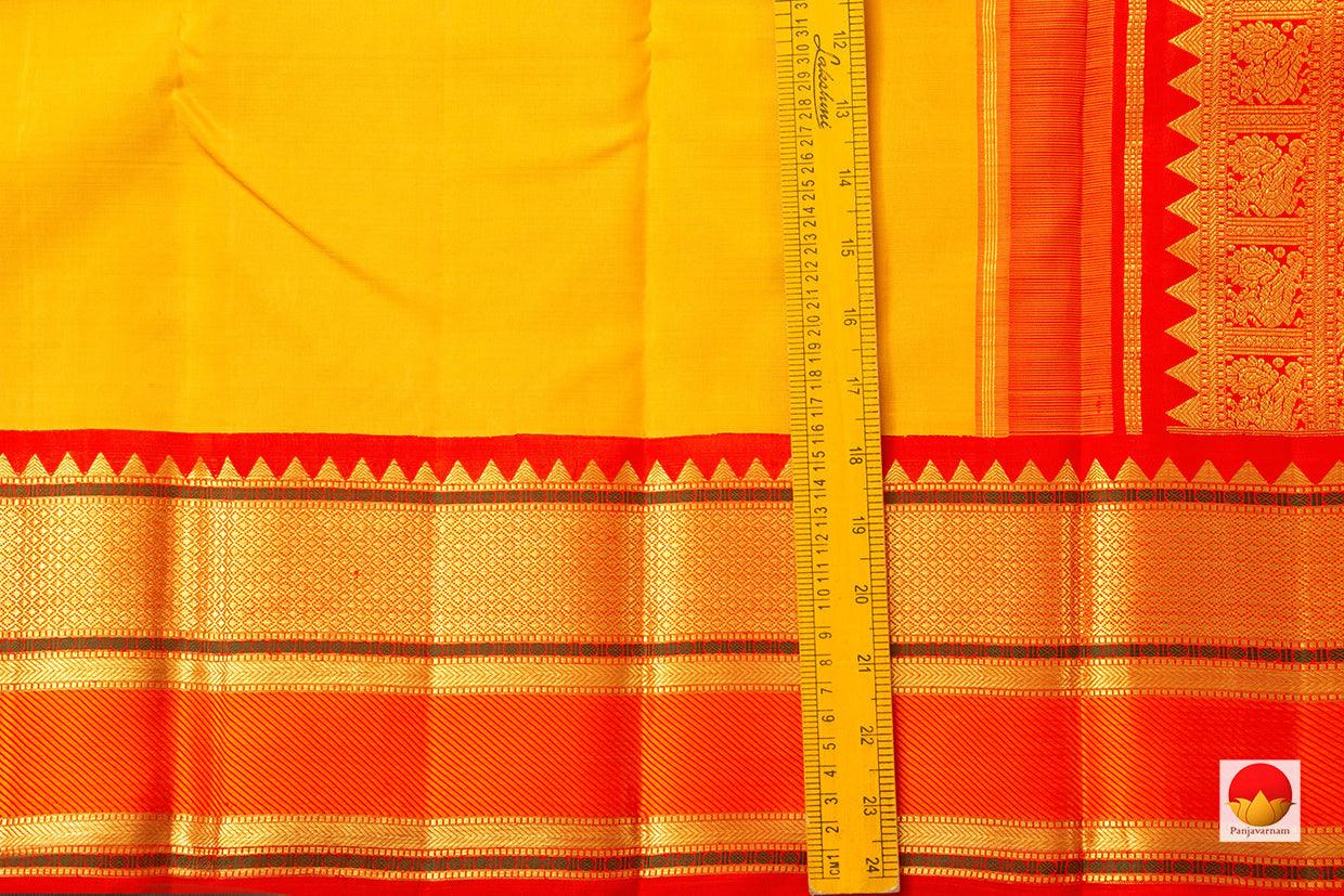 Turmeric Yellow Kanchipuram Silk Saree With A Contrast Red Border Handwoven Pure Silk Pure Zari For Wedding Wear PV NYC 918 - Silk Sari - Panjavarnam