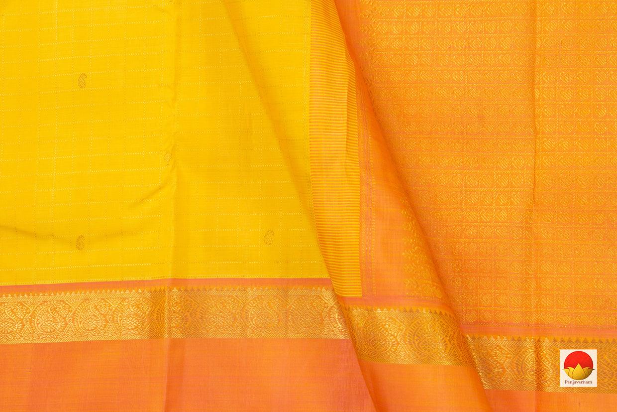 Turmeric Yellow Kanchipuram Silk Saree With Korvai Rettai Pettu Orange Border Handwoven Pure Silk Pure Zari For Wedding Wear PV J 4976 - Silk Sari - Panjavarnam