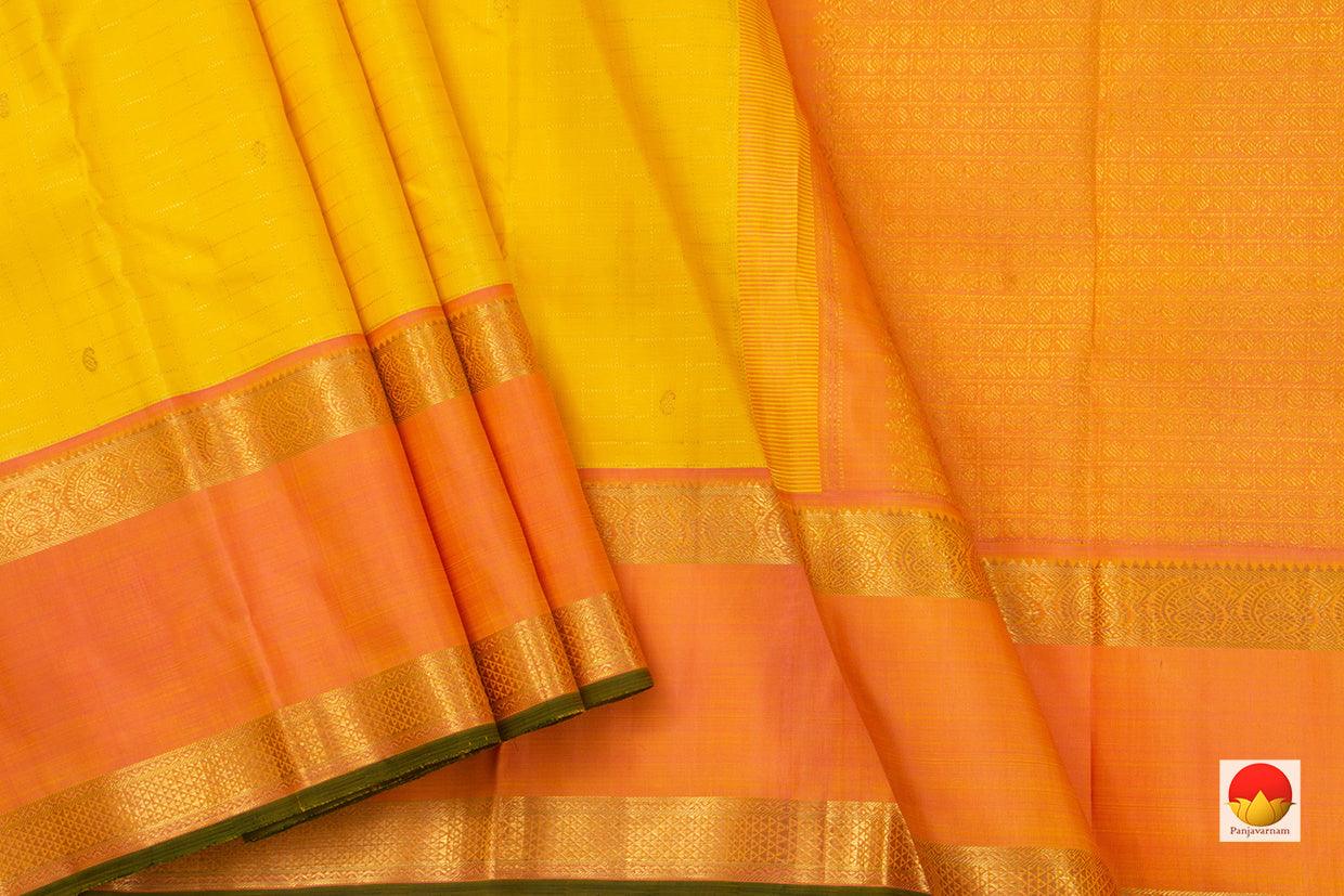 Turmeric Yellow Kanchipuram Silk Saree With Korvai Rettai Pettu Orange Border Handwoven Pure Silk Pure Zari For Wedding Wear PV J 4976 - Silk Sari - Panjavarnam PV J 4976