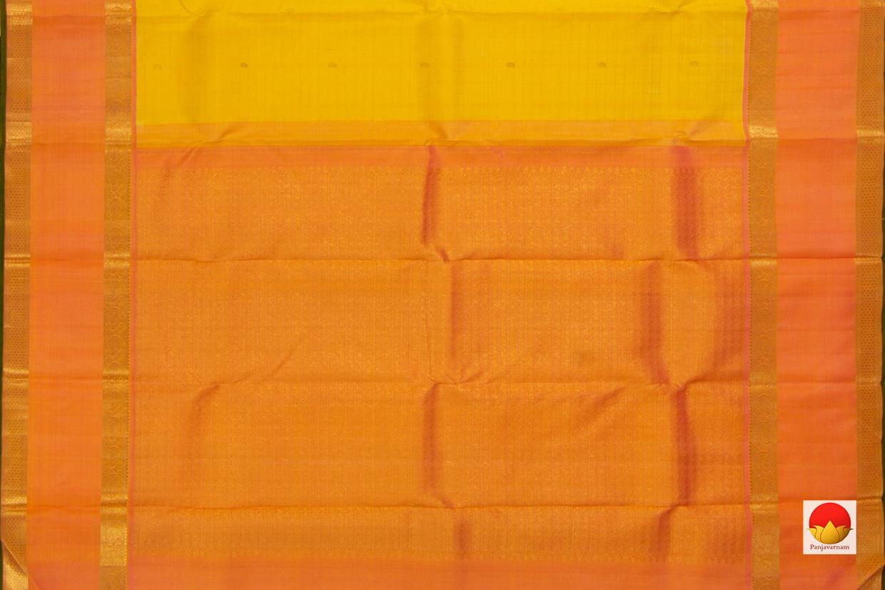 Turmeric Yellow Kanchipuram Silk Saree With Korvai Rettai Pettu Orange Border Handwoven Pure Silk Pure Zari For Wedding Wear PV J 4976 - Silk Sari - Panjavarnam PV J 4976