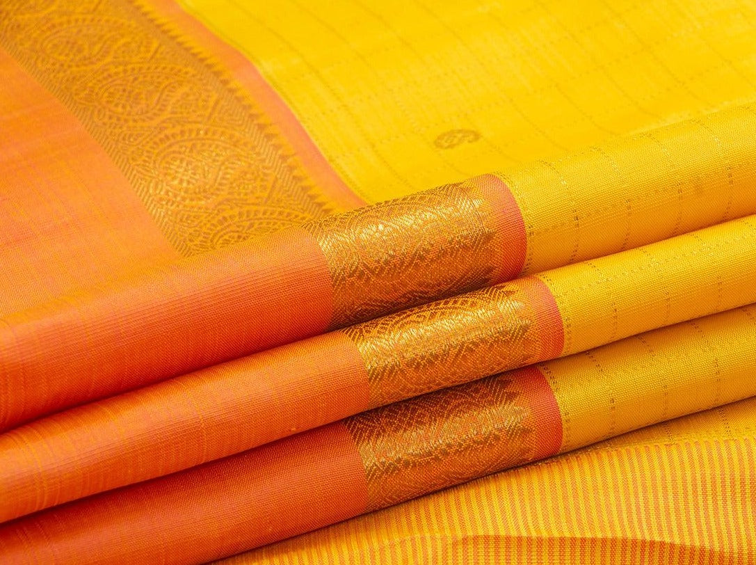 Turmeric Yellow Kanchipuram Silk Saree With Korvai Rettai Pettu Orange Border Handwoven Pure Silk Pure Zari For Wedding Wear PV J 4976 - Silk Sari - Panjavarnam PV J 4976