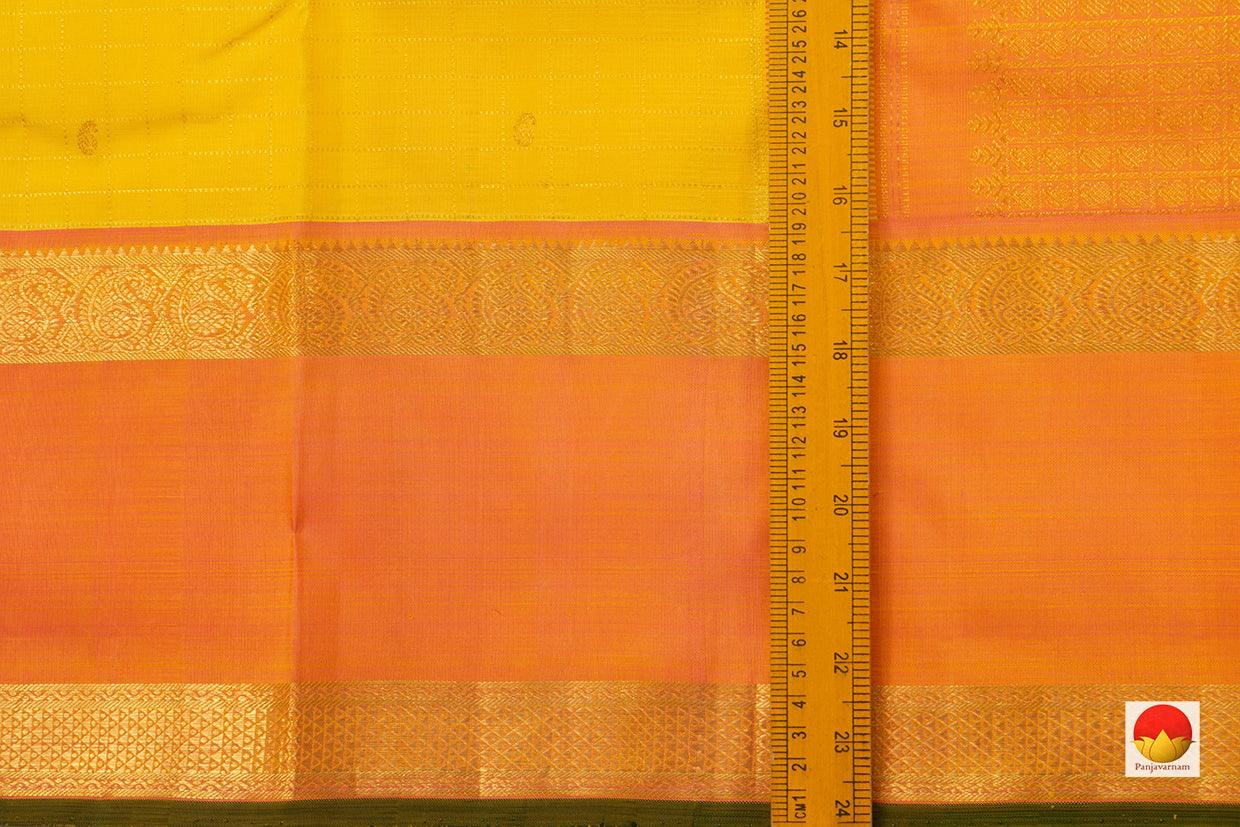 Turmeric Yellow Kanchipuram Silk Saree With Korvai Rettai Pettu Orange Border Handwoven Pure Silk Pure Zari For Wedding Wear PV J 4976 - Silk Sari - Panjavarnam PV J 4976