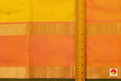 Turmeric Yellow Kanchipuram Silk Saree With Korvai Rettai Pettu Orange Border Handwoven Pure Silk Pure Zari For Wedding Wear PV J 4976 - Silk Sari - Panjavarnam PV J 4976