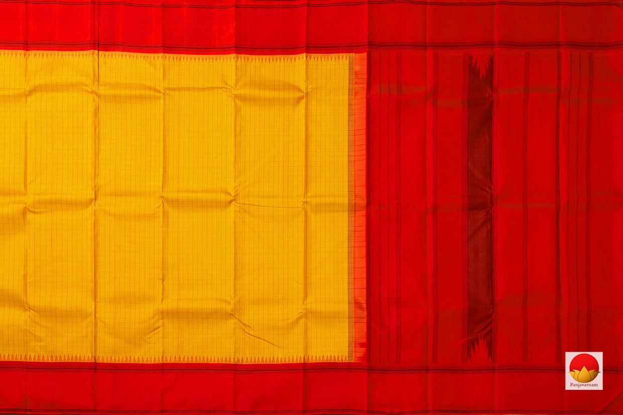 Turmeric Yellow Kanchipuram Silk Saree With Red Temple Korvai Border Handwoven Pure Silk No Zari For Office Wear PV NYC 970 - Silk Sari - Panjavarnam