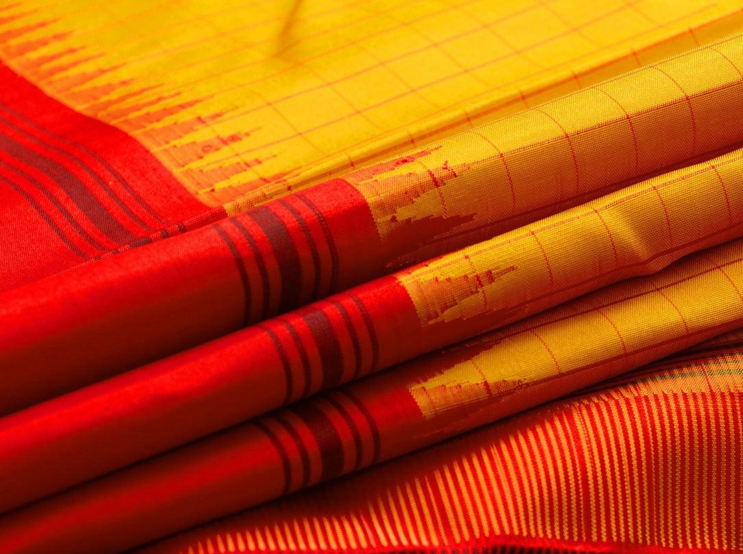 Turmeric Yellow Kanchipuram Silk Saree With Red Temple Korvai Border Handwoven Pure Silk No Zari For Office Wear PV NYC 970 - Silk Sari - Panjavarnam