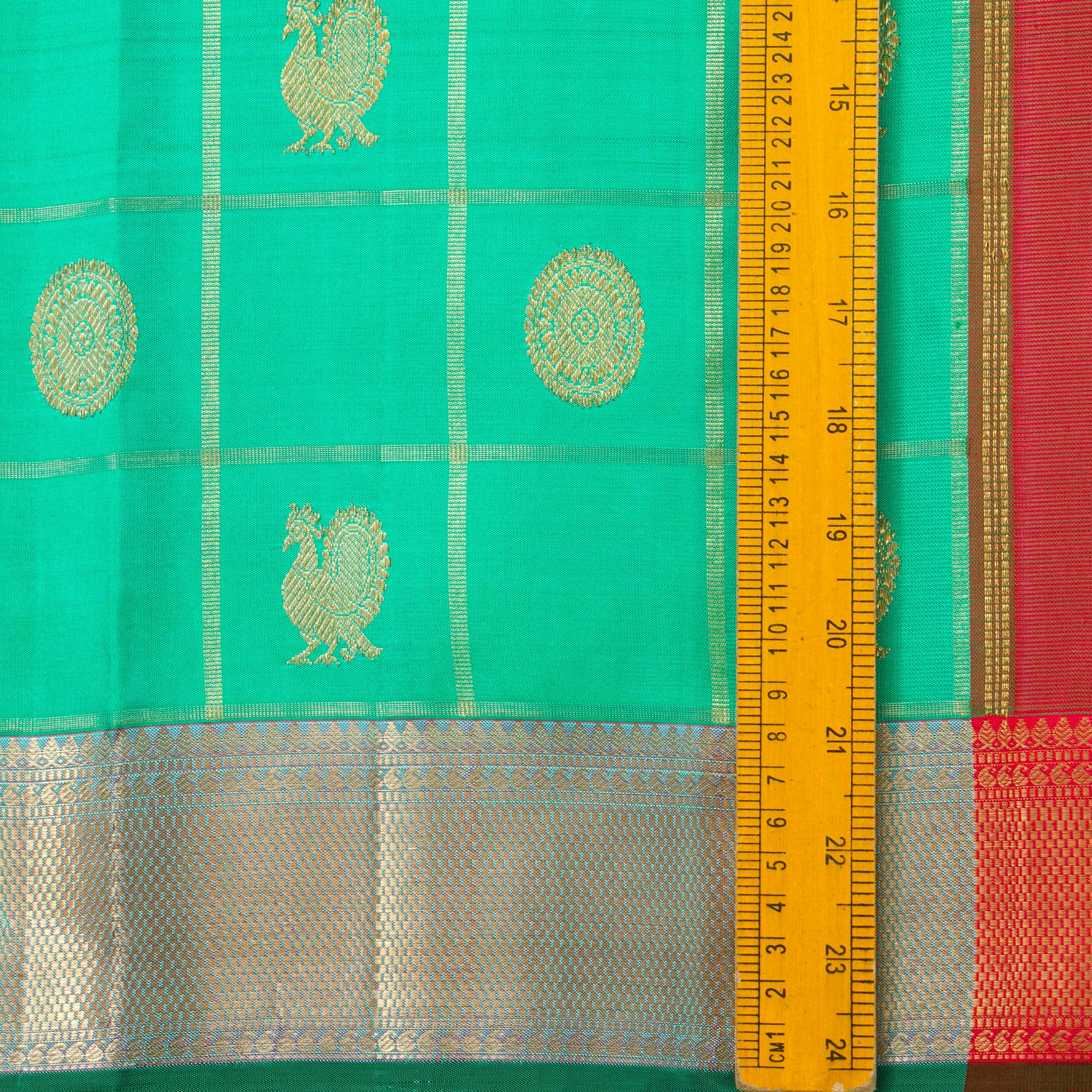 Turquoise And Red Kanchipuram Silk Saree For Wedding Wear PV NYC 1477 - Silk Sari - Panjavarnam PV NYC 1477