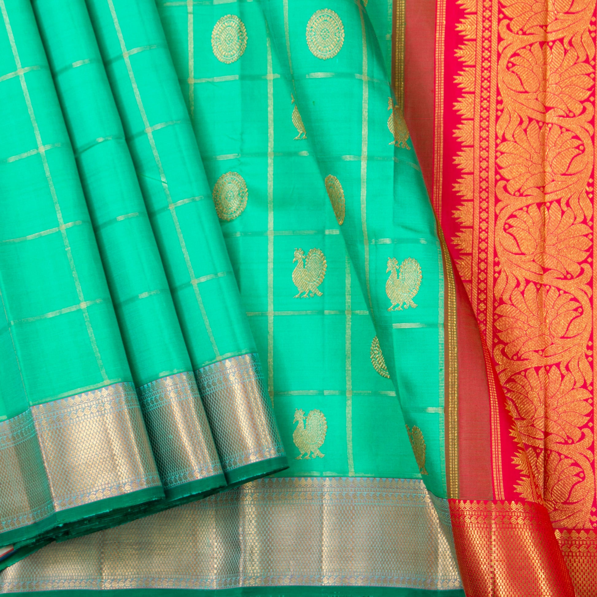 Turquoise And Red Kanchipuram Silk Saree For Wedding Wear PV NYC 1477 - Silk Sari - Panjavarnam PV NYC 1477