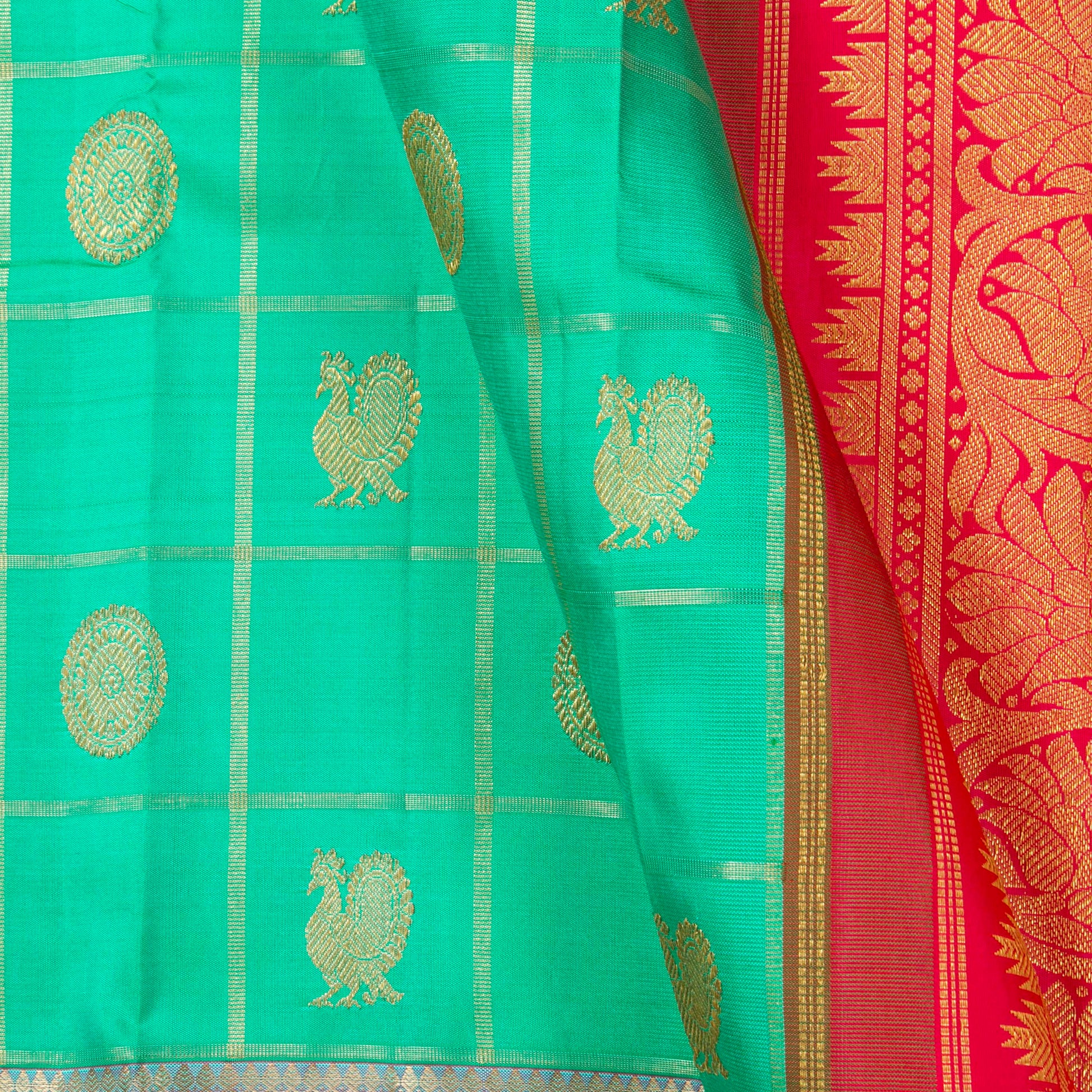 Turquoise And Red Kanchipuram Silk Saree For Wedding Wear PV NYC 1477 - Silk Sari - Panjavarnam PV NYC 1477