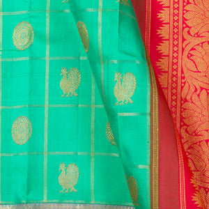 Turquoise And Red Kanchipuram Silk Saree For Wedding Wear PV NYC 1477 - Silk Sari - Panjavarnam PV NYC 1477