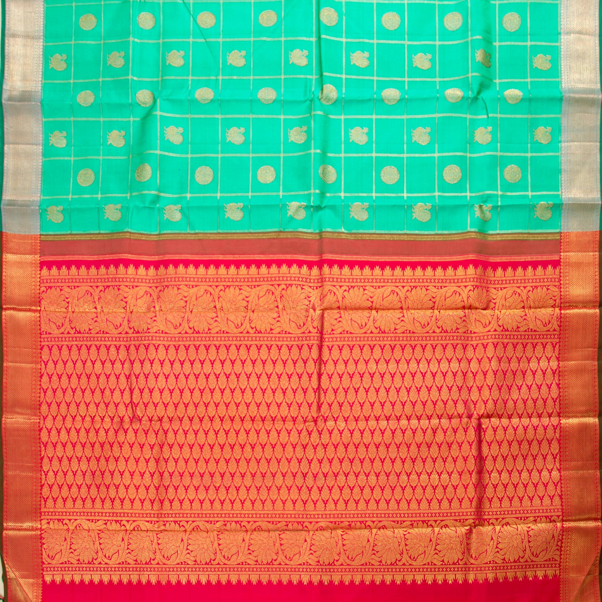 Turquoise And Red Kanchipuram Silk Saree For Wedding Wear PV NYC 1477 - Silk Sari - Panjavarnam PV NYC 1477