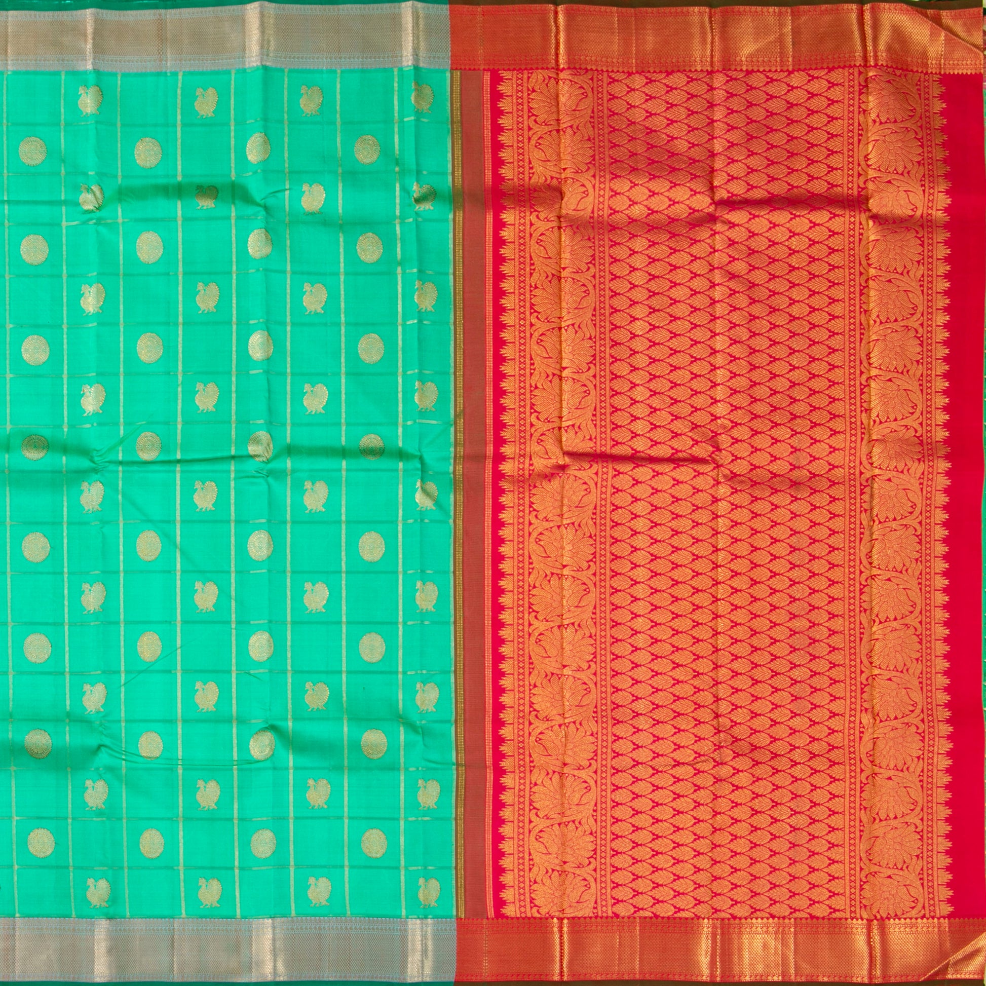 Turquoise And Red Kanchipuram Silk Saree For Wedding Wear PV NYC 1477 - Silk Sari - Panjavarnam PV NYC 1477