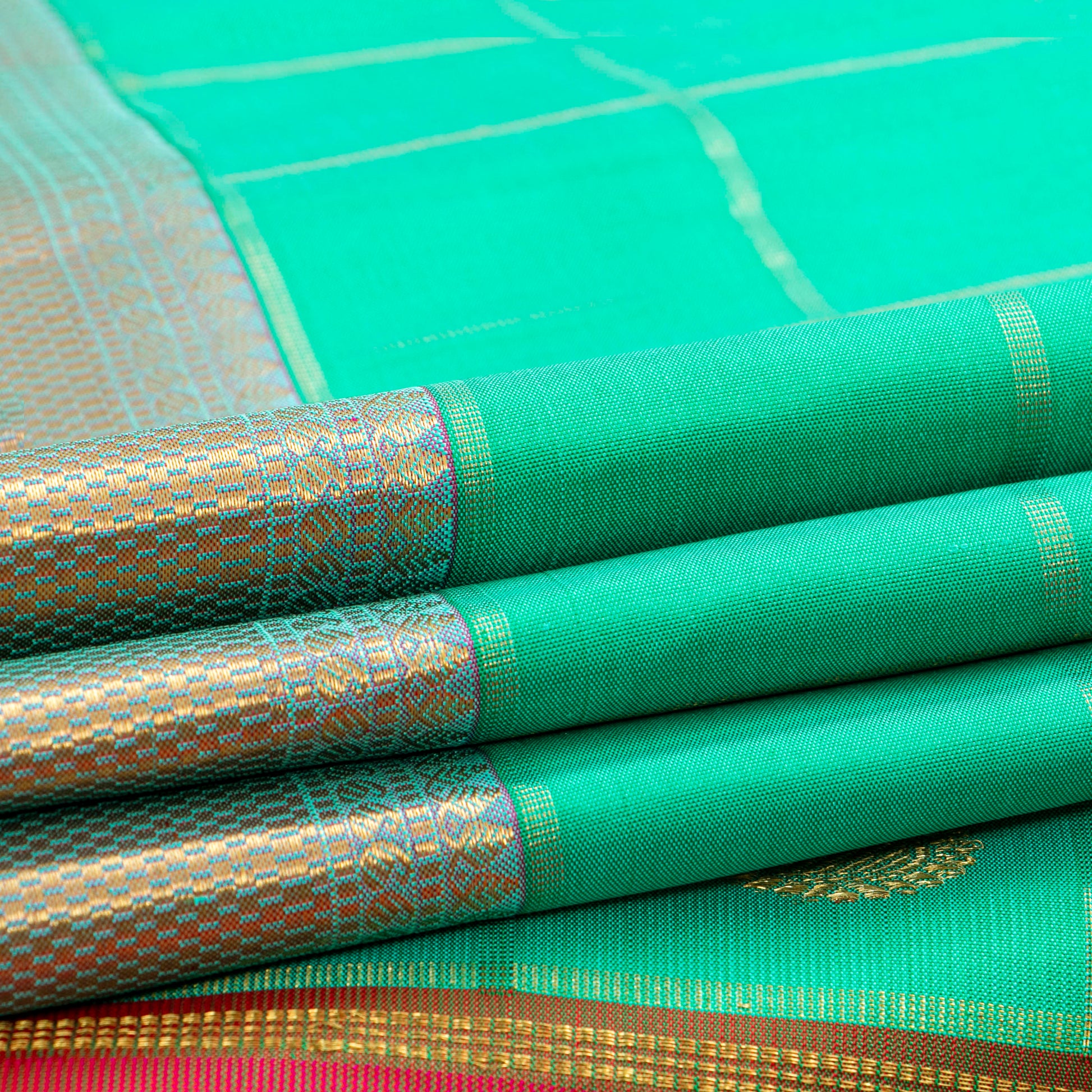 Turquoise And Red Kanchipuram Silk Saree For Wedding Wear PV NYC 1477 - Silk Sari - Panjavarnam PV NYC 1477