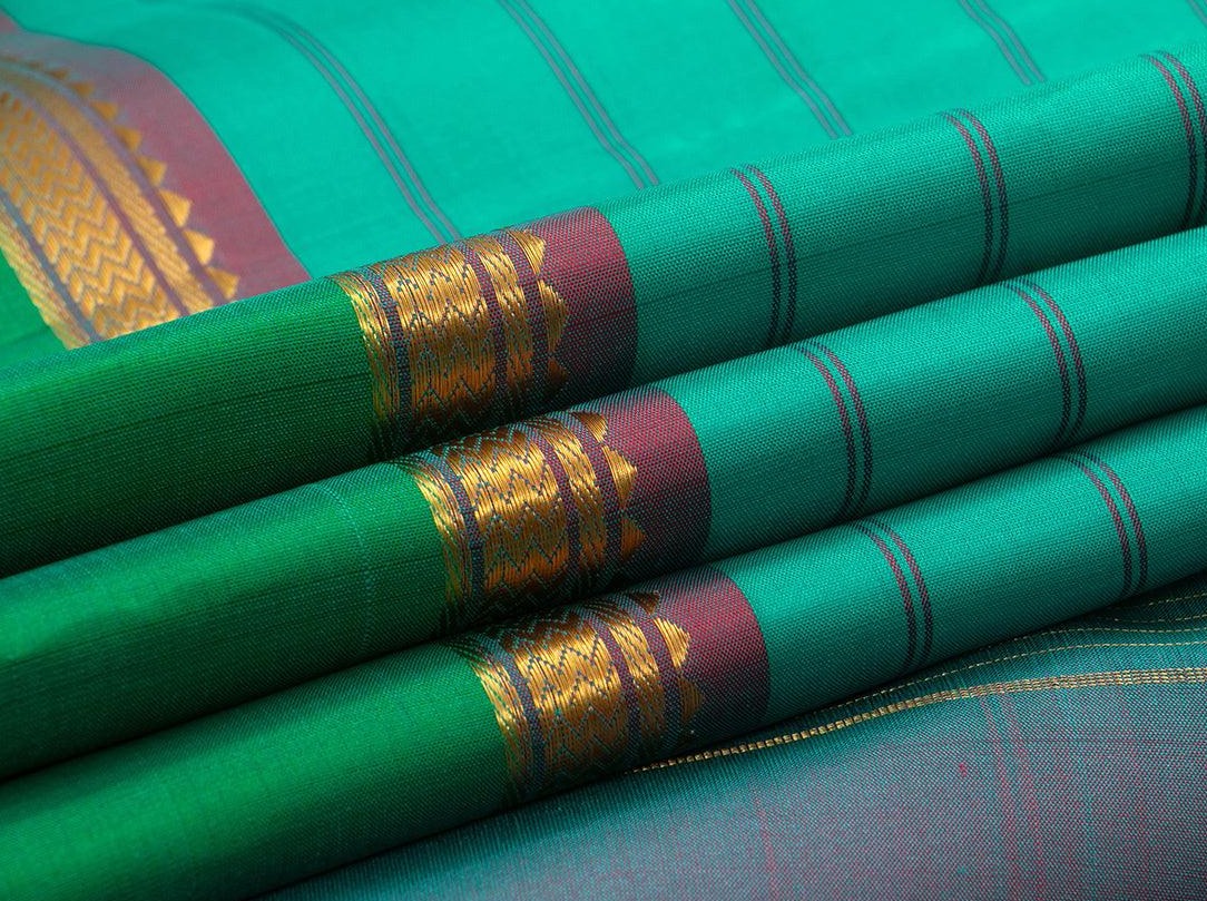 Turquoise Blue Kanchipuram Silk Saree Handwoven Pure Silk Pure Zari For Festive Wear PV NYC 887 - Silk Sari - Panjavarnam