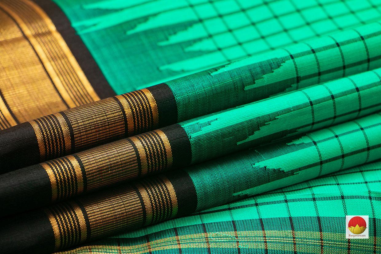 Turquoise Green And Black Kanchipuram Silk Saree Handwoven Pure Silk Light Weight With Medium Border Office Wear PV KNN 183 - Silk Sari - Panjavarnam