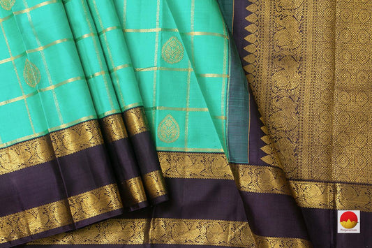 Turquoise Green Kanchipuram Silk Saree With Contrast Purple Border Handwoven Pure Silk Pure Zari For Wedding Wear PV NYC 941 - Silk Sari - Panjavarnam