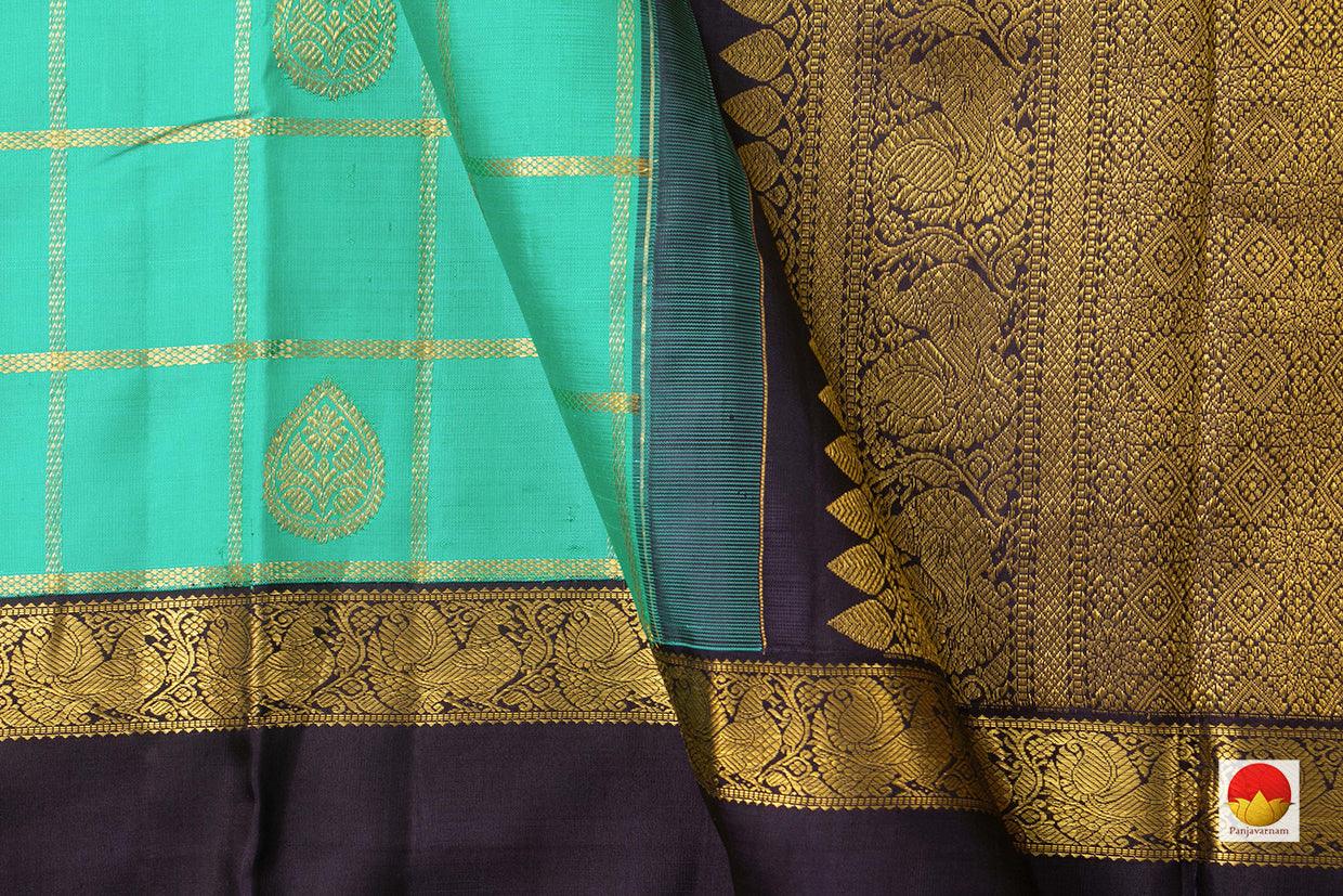 Turquoise Green Kanchipuram Silk Saree With Contrast Purple Border Handwoven Pure Silk Pure Zari For Wedding Wear PV NYC 941 - Silk Sari - Panjavarnam
