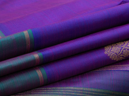 Violet And Green Dual Shade Original Kanchipuram Silk Saree With A Blue Rettai Pettu Border Handwoven Pure Silk Pure Zari For Festive Wear PV GTA 34 - Silk Sari - Panjavarnam