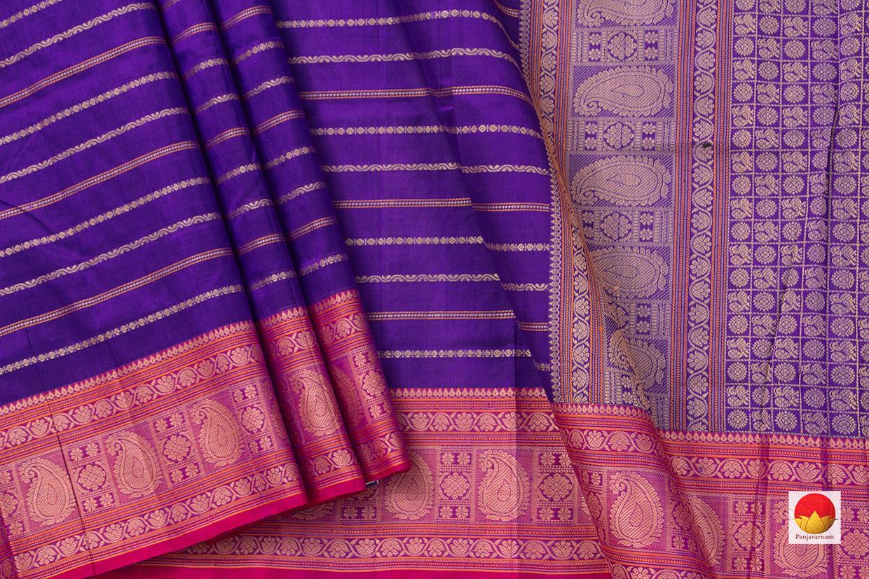 Violet And PInk Kanchi Silkcotton Saree With Veldhari Stripes For Office Wear PV KSC 1225 - Silk Cotton - Panjavarnam PV KSC 1225