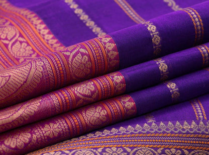 Violet And PInk Kanchi Silkcotton Saree With Veldhari Stripes For Office Wear PV KSC 1225 - Silk Cotton - Panjavarnam PV KSC 1225