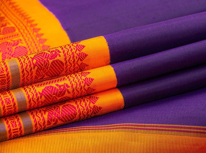 Violet And Yellow Kanchipuram Silk Saree Handwoven Pure Silk No Zari For Festive Wear PV RM NZ 431 - Silk Sari - Panjavarnam