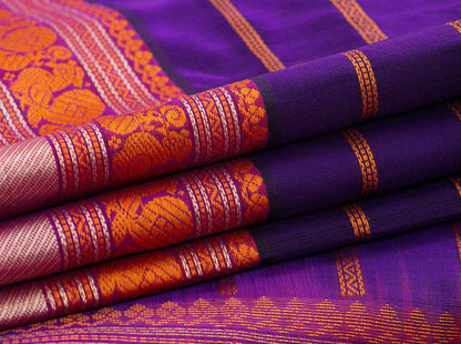 Violet Kanchi Silk Cotton Saree With Veldhari Stripes Handwoven For Office Wear PV KSC 1198 - Silk Cotton - Panjavarnam