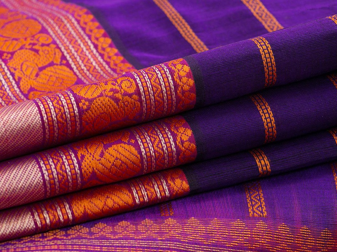 Violet Kanchi Silk Cotton Saree With Veldhari Stripes Handwoven For Office Wear PV KSC 1198 - Silk Cotton - Panjavarnam PV KSC 1198`