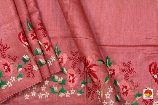 Watermelon Pink Pure Tussar Silk Saree With Embroidery Border Handwoven For Office Wear PT 756 - Tussar Silk - Panjavarnam
