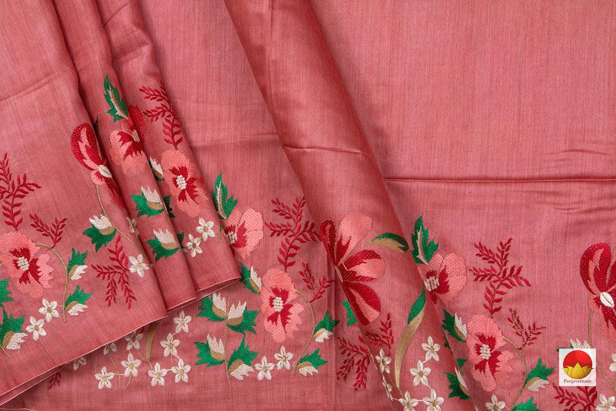 Watermelon Pink Pure Tussar Silk Saree With Embroidery Border Handwoven For Office Wear PT 756 - Tussar Silk - Panjavarnam PT 756