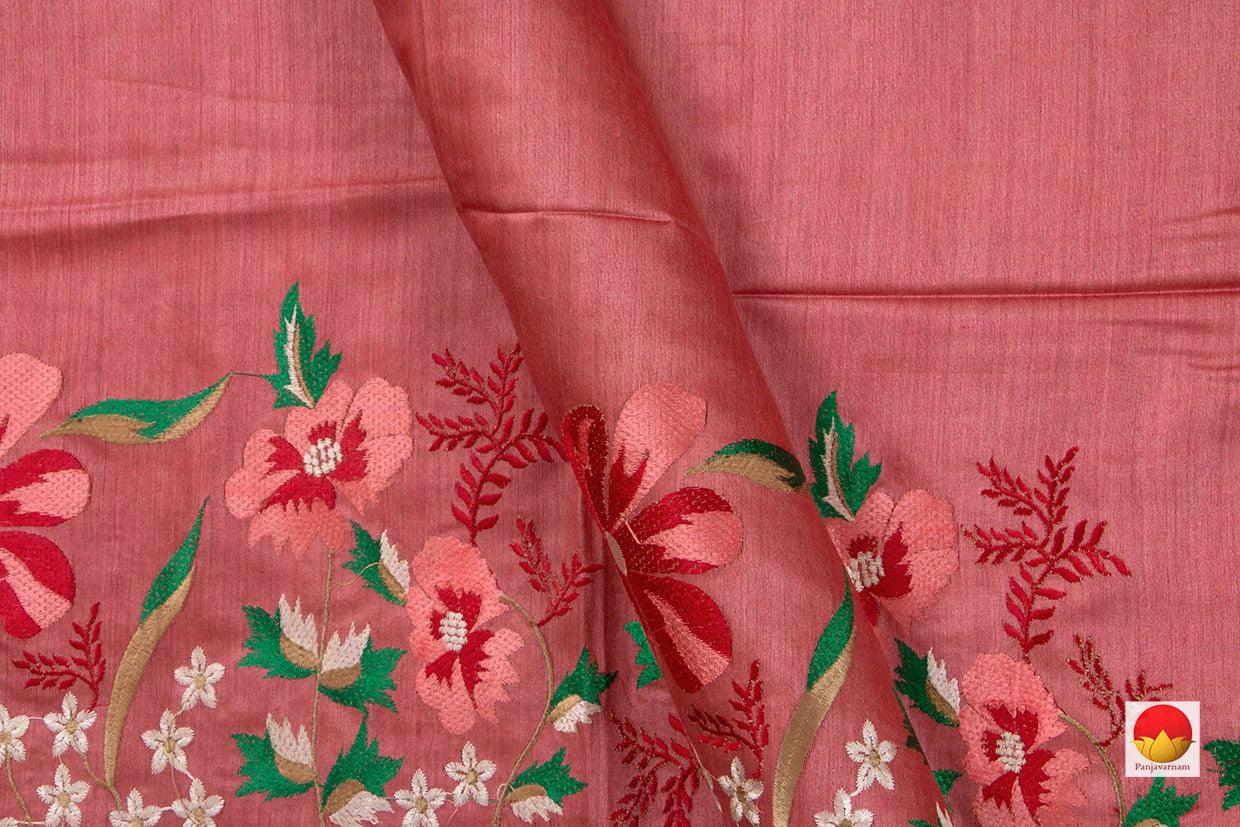 Watermelon Pink Pure Tussar Silk Saree With Embroidery Border Handwoven For Office Wear PT 756 - Tussar Silk - Panjavarnam PT 756