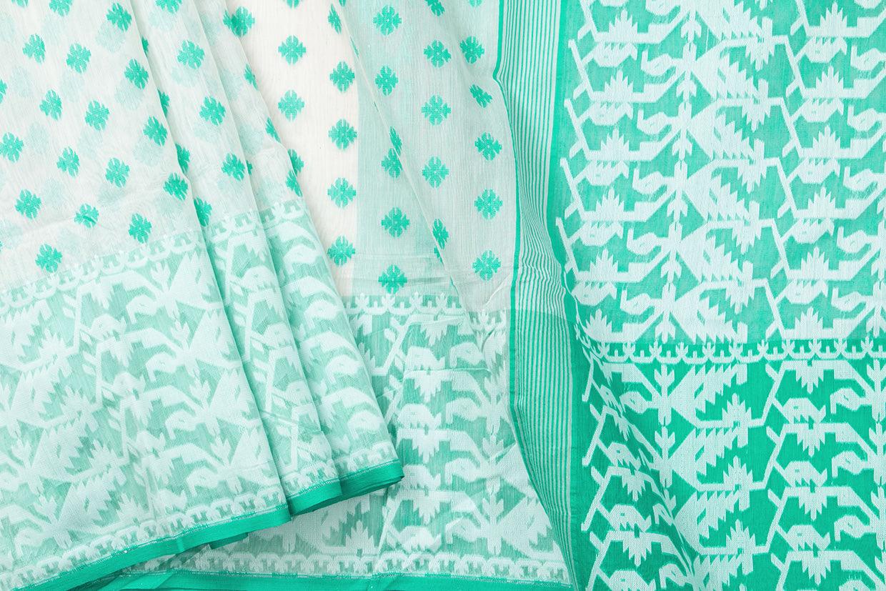 White And Aqua Blue Dhakai Jamdani Mulmul Silk Saree Handwoven PV MJ 51 - Dhakai Jamdhani - Panjavarnam PV MJ 51