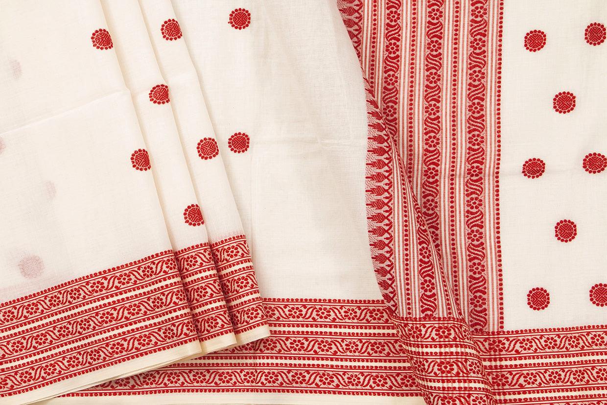 White And Red Dhakai Jamdani Cotton Saree Handwoven PV MJ 44 - Cotton Saree - Panjavarnam PV MJ 44