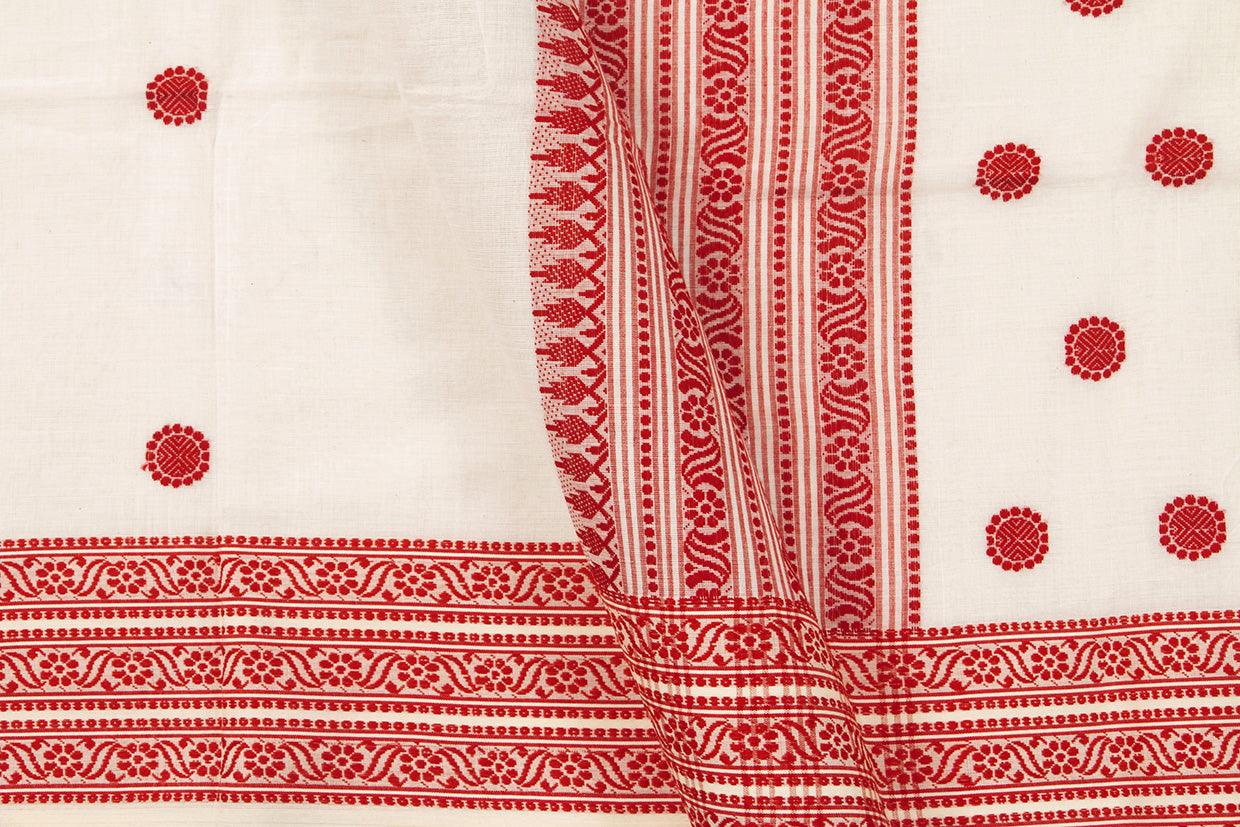 White And Red Dhakai Jamdani Cotton Saree Handwoven PV MJ 44 - Cotton Saree - Panjavarnam PV MJ 44