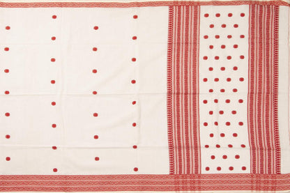 White And Red Dhakai Jamdani Cotton Saree Handwoven PV MJ 44 - Cotton Saree - Panjavarnam PV MJ 44