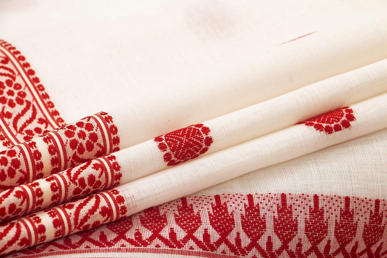 White And Red Dhakai Jamdani Cotton Saree Handwoven PV MJ 44 - Cotton Saree - Panjavarnam PV MJ 44