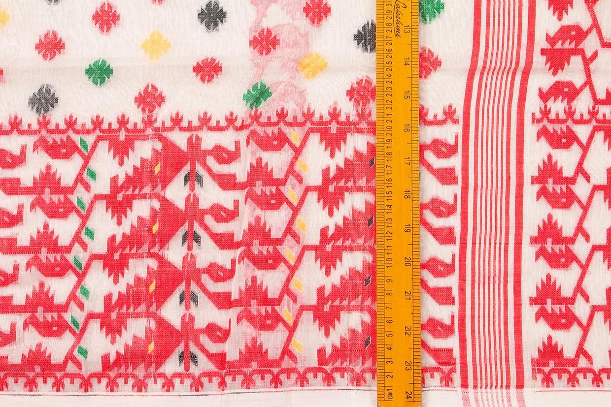 White And Red Dhakai Jamdani Mulmul Silk Saree Handwoven PV MJ 53 - Dhakai Jamdhani - Panjavarnam PV MJ 53