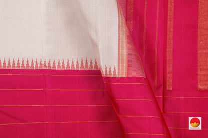 White Ganga Jamuna Temple Korvai Border Kanchipuram Silk Saree Handwoven Pure Silk Pure Zari For Festive Wear - PV J 7225 - Silk Sari - Panjavarnam