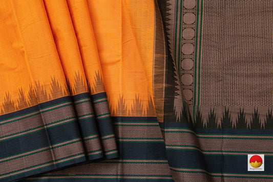 Yellow And Black Kanchi Cotton Saree With Temple Korvai Border For Office Wear PV KC 400 - Silk Sari - Panjavarnam