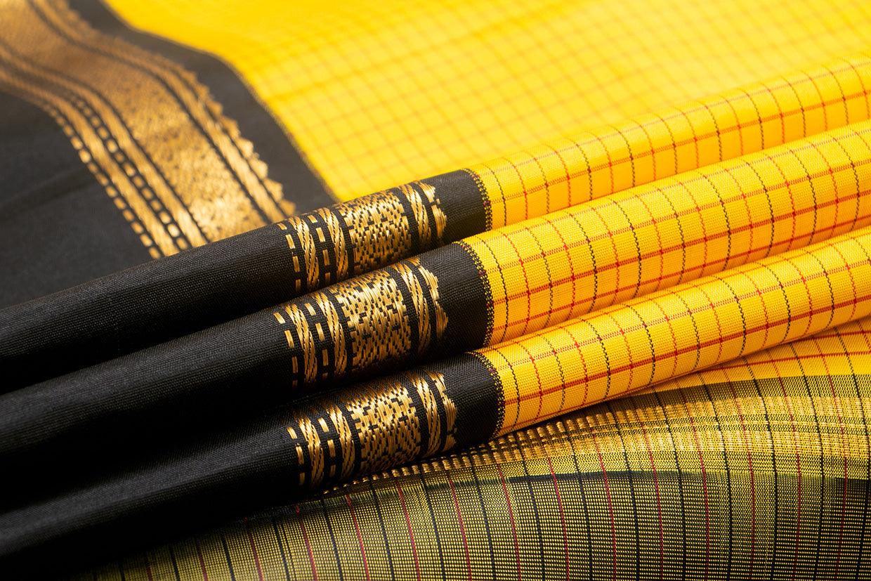 Yellow And Black Kanchipuram Silk Saree With Medium Border Handwoven Pure Silk For Party Wear PV NYC 1027 - Silk Sari - Panjavarnam
